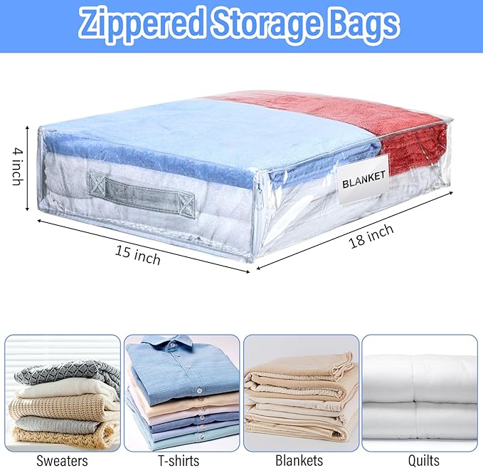Kenning Set of 20 Clear Zippered Storage Bags for Sheet Organizer Plastic Sweater Bags with Handle Pocket Vinyl Bag for Bed Blanket Throw Pillow Toys(White,18 x 15 x 4 Inch)