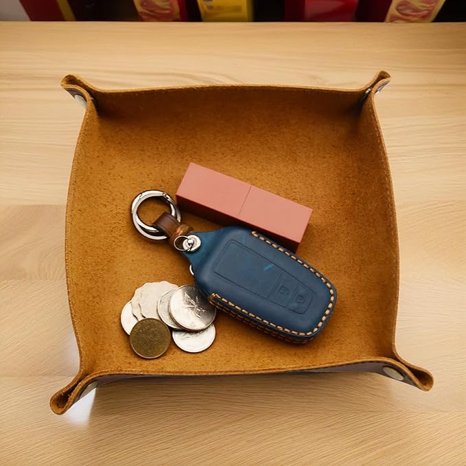 Valet Tray for Men, Leather Jewelry Key Catchall Tray Coin Phone Wallet Caddy Bedside Organizer Storage Box for Men & Women