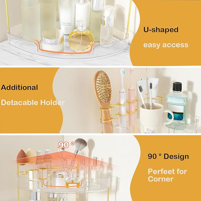 FELIZHOUSE 3-Tier Corner Bathroom Counter Organizer, Bathroom Countertop Shelf Makeup & Skincare Storage with Brush Holder for Vanity, Dresser, Kitchen - Amber