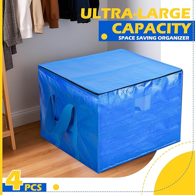 4 Pcs 45 Gallons Large Moving Bags with Zipper and Handles Foldable Storage Duffle Bags Heavy Duty Extra Large Totes for College Dorm Travel Clothes Blankets Bedding Moving
