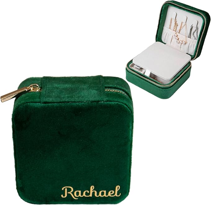 Customizable Compact Velvet Jewelry Box with Mirror, Travel Jewelry Case, Travel Jewelry Organizer, Jewelry Box for Women and Girls, Small Jewelry Organizer (Bottom Right Text, Emerald Green)