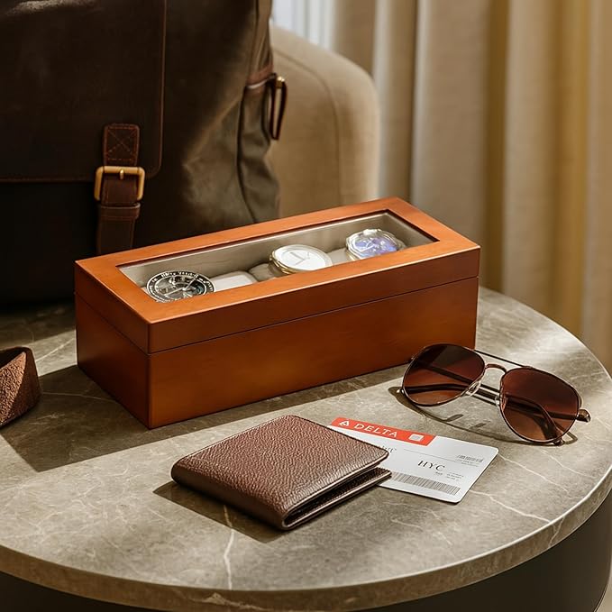 Bey-Berk Personalized Theo Cherry Wood 4-Slot Watch Box, Custom Glass-Top Solid Wood Watch Display Case with Velour-Lined Cushions, 11.25" x 4.5" x 3.25"
