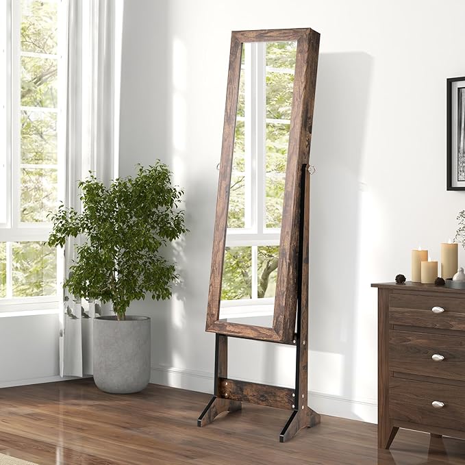 GOFLAME Jewelry Cabinet, Jewelry Organizer with Full Length Mirror Door, Standing Makeup Mirror Cabinet, Freestanding Jewelry Organizer with Large Storage Capacity (Rustic Brown)