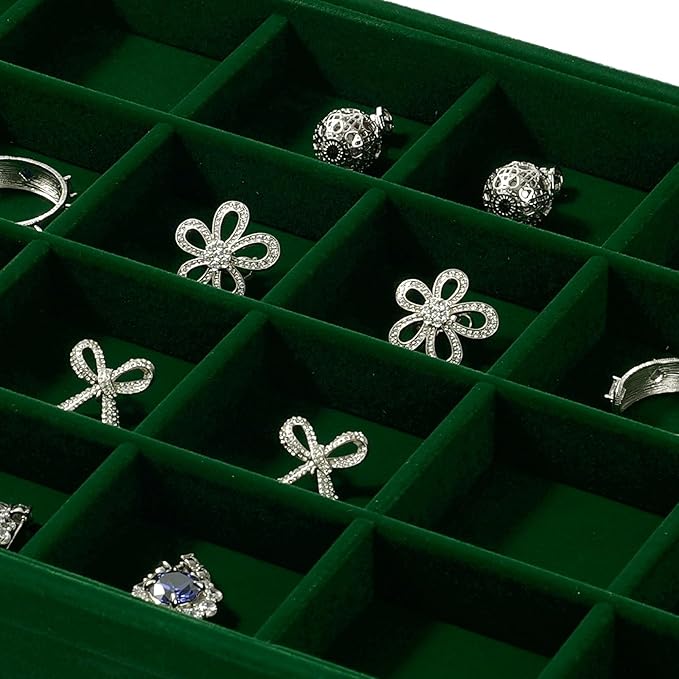 24 Girds Jewelry Ring Tray Earring Organizer Tray Green Velvet Jewelry Organizer Display Trays for Ring Earrings Storage (Green)