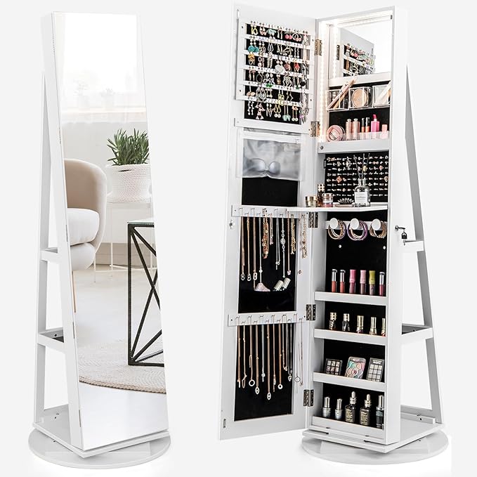 Mirror Jewelry Cabinet Standing with Full Length Mirror, 360° Swivel Jewelry Armoire with 3-Color LED Lights & Foldable Makeup Shelf, Lockable Organizer for Women, Space-Saving (White)