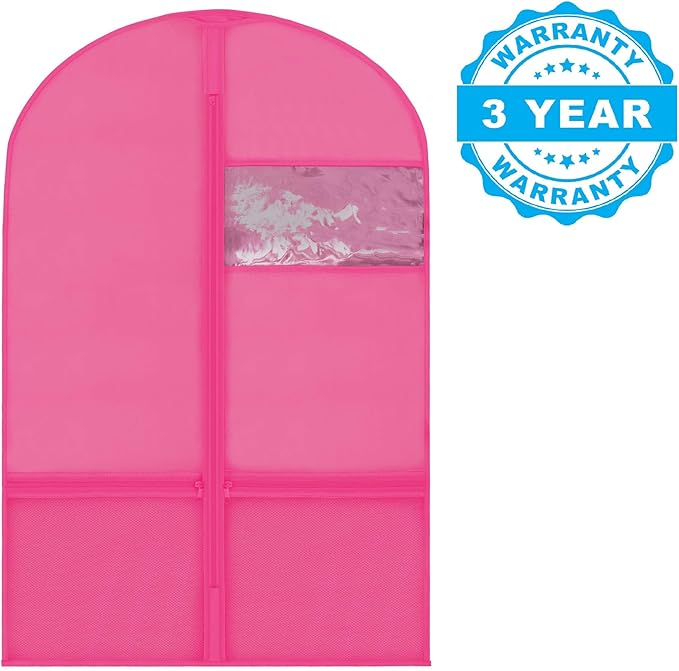 Plixio Garment Bags for Kids Dance Costumes with Transparent Window and Zippered Mesh Pockets for Shoes and Accessory Storage (3 Pack) (Pink: 36" x 23")