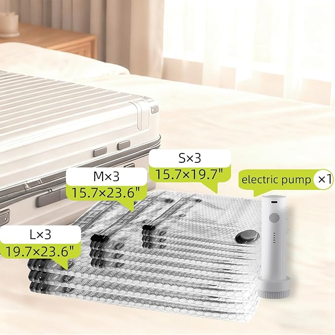 Lazyfeel 6-Pack Vacuum Travel Storage Bags, Space-Saving Must-Have, Fits Various Suitcase Sizes, Equipped with Portable Air Pump for Travel Holidays Flights and Cruises