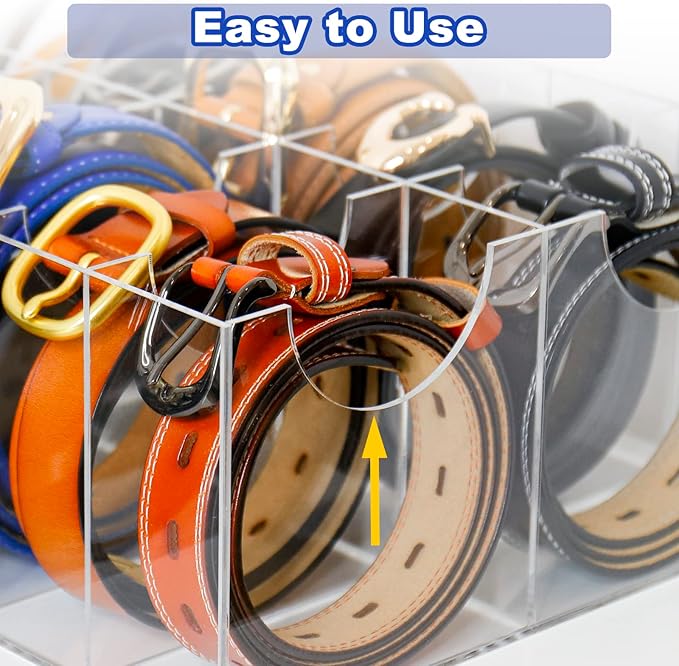 Belt Organizer, Acrylic Belt Storage Holder for Closet and Drawer, 14 Compartments Belt Container for Checkroom, Clear Belt Divider Display Case