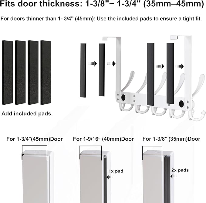 Dseap Over The Door Hook Hanger - Fits 1 3/8" to 1 3/4" Standard Doors | 5 Tri Hooks Heavy Duty Towel/Coat Rack | Door Organizer for Clothes, Jackets, Hats, Towels, Black