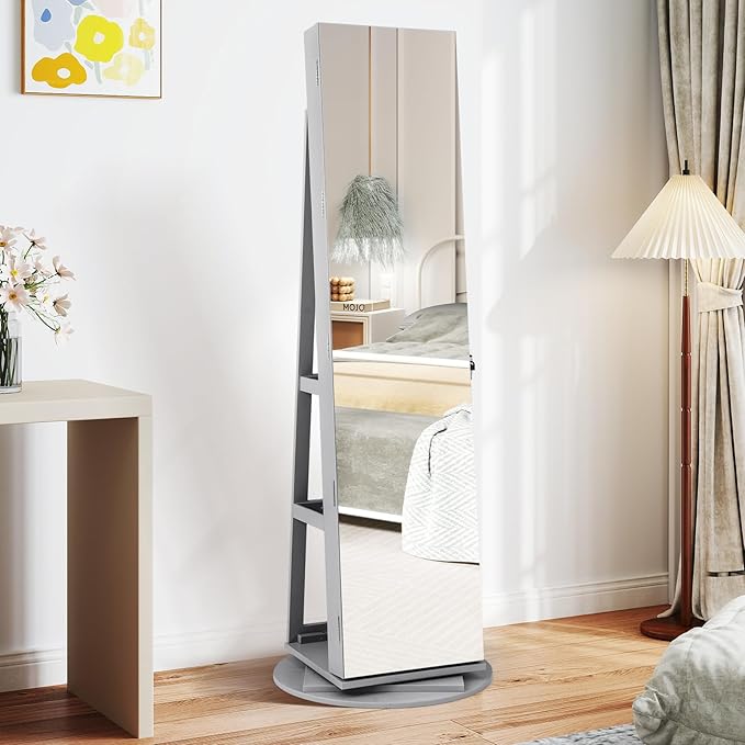 CHARMAID 360° Swivel Jewelry Armoire with Full Length Mirror, Rear Storage Shelves, Lockable Standing Jewelry Cabinet Organizer with Interior Vanity Mirror and 3-Color Lights (Gray)