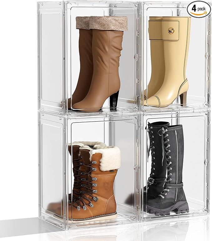 Boot Storage Organizer Tall Boot Shoe Storage Box for Closet 4 Pack Super Large Plastic Boots Container for Storage, Stackable Display Case for Collectibles, Backpack, Helmet, White, XXXXL