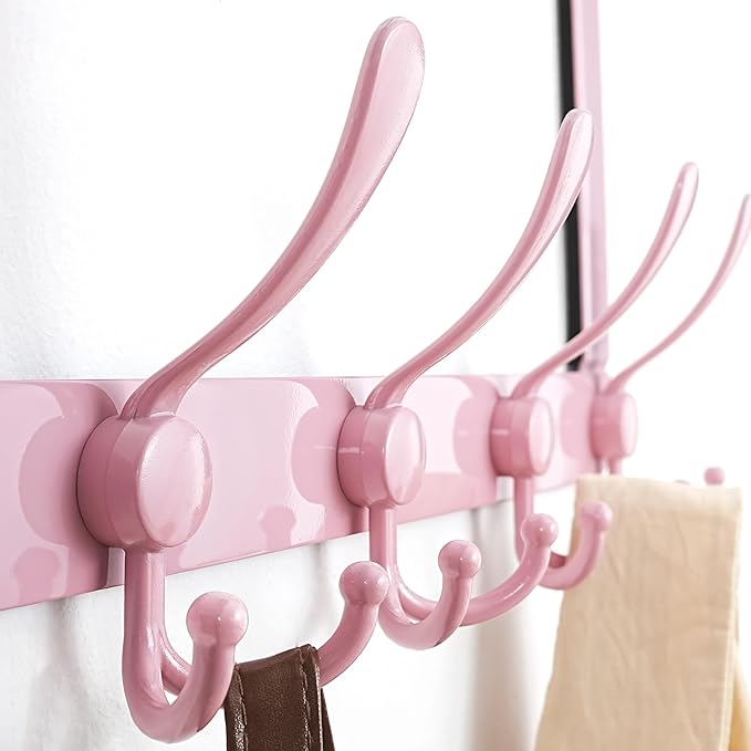 Dseap Over The Door Hook Hanger - Fits 1 3/8" to 1 3/4" Standard Doors | 5 Tri Hooks Heavy Duty Towel/Coat Rack | Door Organizer for Clothes, Jackets, Hats, Towels, Pink, Pack of 2