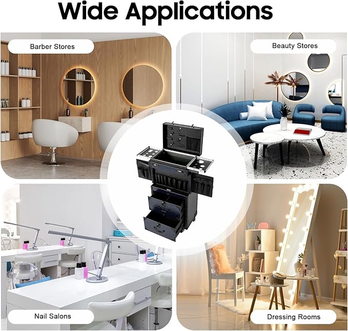 Rolling Makeup Case Large Storage Cosmetic Trolley, Rolling Lockable Makeup Train Case, Stylist Beauty Salon Cosmetic Luggage Travel Organizer Tool Box with Hair Dryer Holder (Blue)