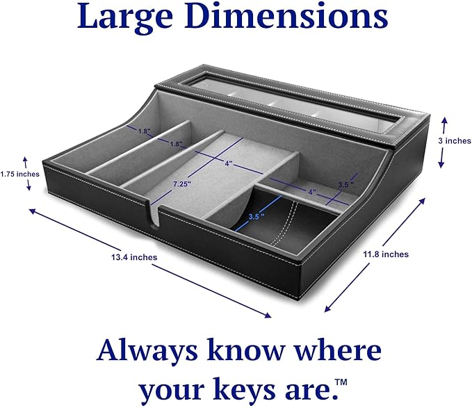 HOUNDSBAY Navigator Large Dresser Valet Tray & Mens Jewelry Box Organizer - Watch Box Organizer for Men with Angled Charging Station (Grey)