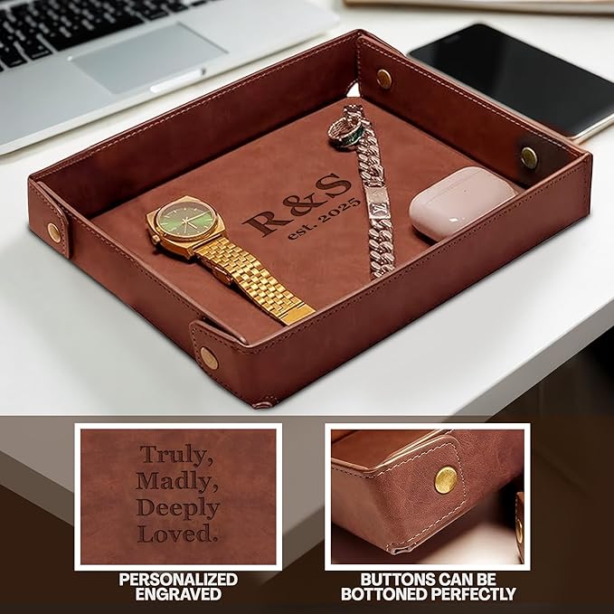 Engraved PU Leather Valet Tray – Personalized Light Coffee Catchall with Custom Name – Organizer for Keys, Wallet, Jewelry – Meaningful Gift for Couples, Home, Office