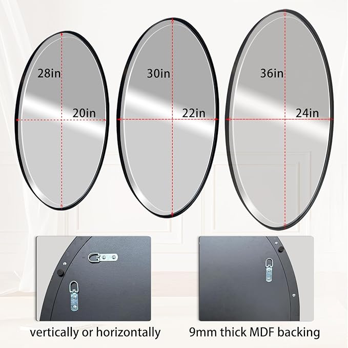 POZINO Oval Bathroom Mirror, 22"x30" Black Beveled Mirrors, Rounded Mirror for Over Sink, Modern Vanity Wall Mirror in Premium Stainless Steel Frame, Wall Mount Hangs Horizontal Or Vertical