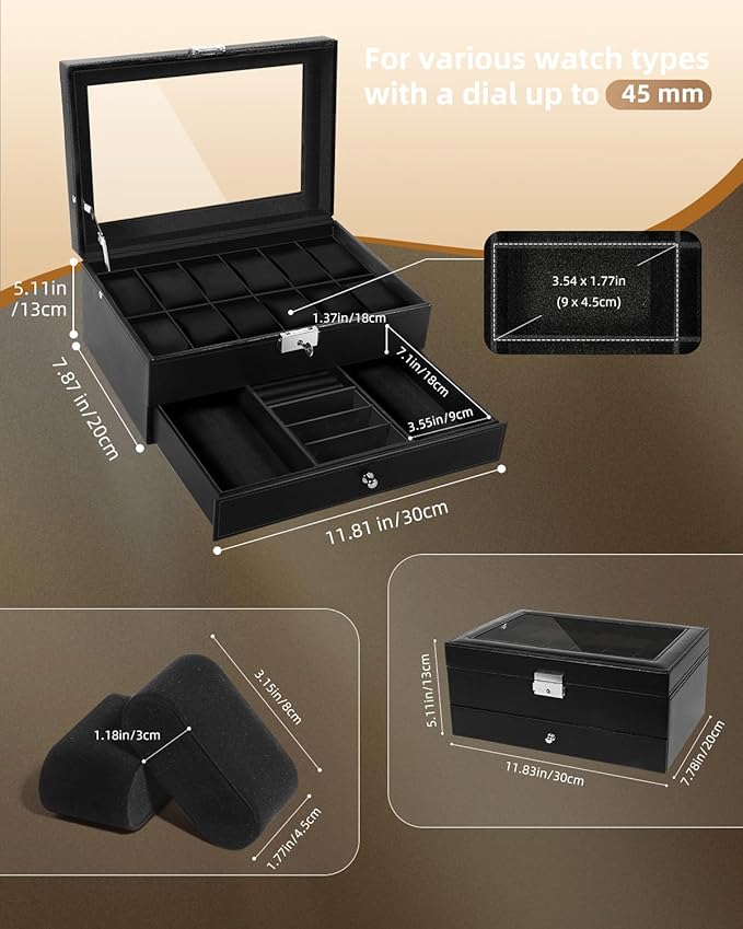 Uten 12-Slot Watch Box, 2-Layers PU Leather Watch Case with Glass Lid, Watch Holder Organizer with Soft Pillow and Velvet Lining, Watch and Jewelry Storage Box, Black
