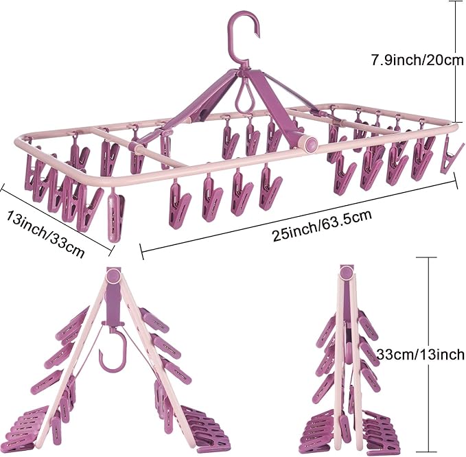 Foldable Clip Hangers with 32 Clothespin Drying Clips,Laundry Clip Drip Drying Hanger for Underwear Socks Bras Lingerie Clothes(Pink)