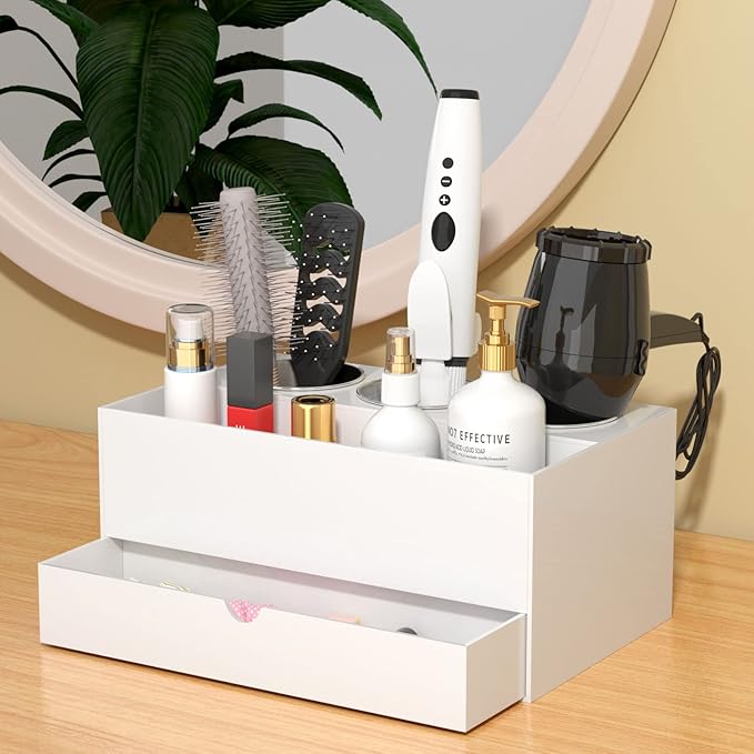 NIUBEE Hair Tool Organizer, White Acrylic Hair Dryer and Styling Organizer with Drawer, Bathroom Countertop Blow Dryer Holder, Vanity Caddy Storage Stand for Accessories, Makeup, Toiletries