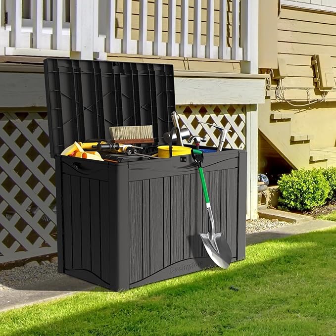 50 Gallon Plus Outdoor Storage Box, Waterproof Resin Deck Box for Patio, Pool, and Garden, Lockable Bin for Cushions, Tools, and Accessories, UV-Resistant, Black
