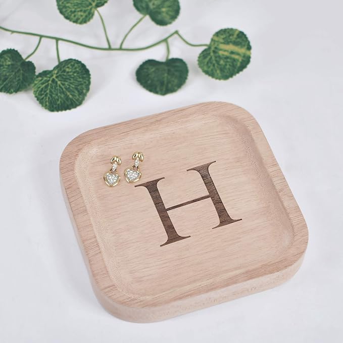 I'm Wooden Personalized Letter Catchall Valet Tray Trinket Dish Jewelry Tray Key Bowl Decorative Plate Organizing Ring Earrings Necklaces Bracelet Watch Coins Wallet Holder (6"x6" Sq Natural H)
