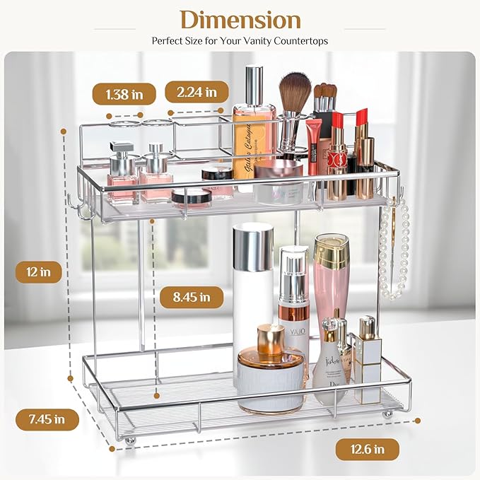 2 Tier Chrome Bathroom Organizer Countertop, Small Countertop Organizer for Bathroom Decor, Kitchen Counter Shelf for Spice Rack and Snack, Vanity Makeup Organizers Tray for Bedroom (Chrome)