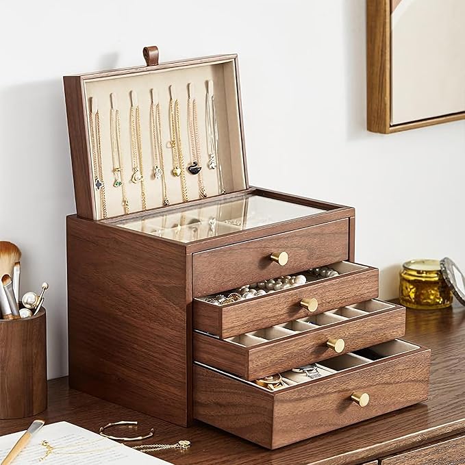 CHOSIN Black Walnut Wooden Jewelry Box for Women, Wood Jewelry Organizer 4 Layer with Glass Lid and Pull-out Necklace Storage Layer, for Watch Necklace Ring Earring Storage Valentine's Day Gifts