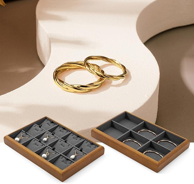 Oirlv Solid Wood 11 Slots Ring Tray Jewelry Organizer Tray Jewelry Drawer Organizer(Grey)