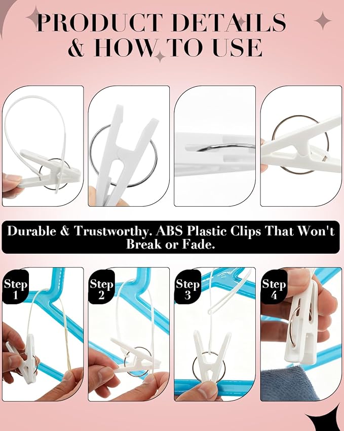 100 Pack Multi Purpose Laundry Hanging Clips with Rope, Strong Grip Hanging Clips for Baby Hangers, Pants, Socks, Towels & Closet Organization, Multi-Purpose Laundry Drying Hooks (White)