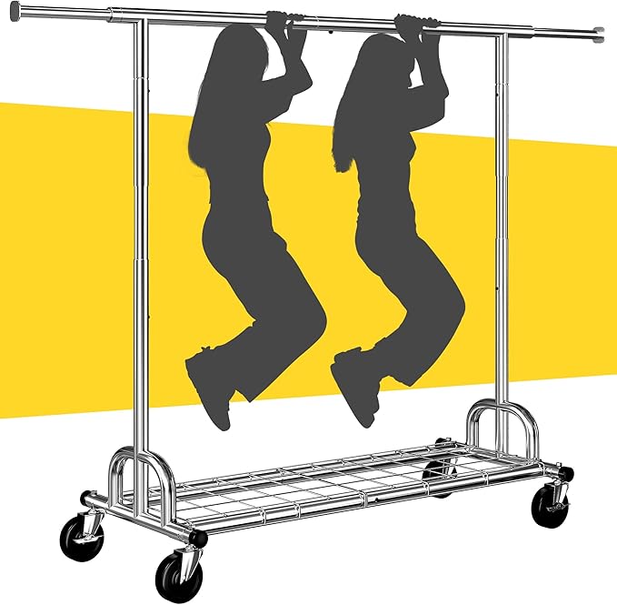 Raybee 75" W Heavy Duty Clothes Rack, 530 LBS Clothing Racks for Hanging Clothes, Rolling Clothing Rack with Sturdy Wheels, Metal Garment Rack for Bedroom, Laundry Room, Retail Store, Chrome