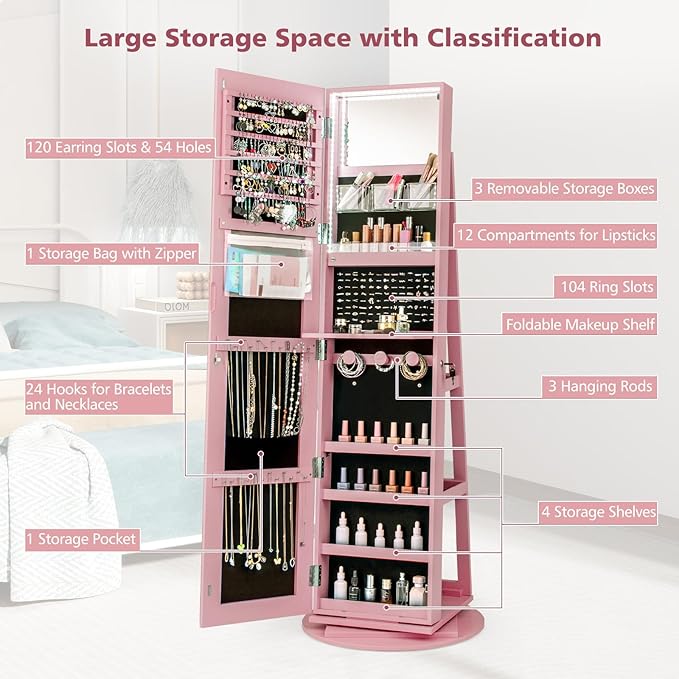 Mirror Jewelry Cabinet Standing with Full Length Mirror, 360° Swivel Jewelry Armoire with 3-Color LED Lights & Foldable Makeup Shelf, Lockable Organizer for Women, Space-Saving (Pink)