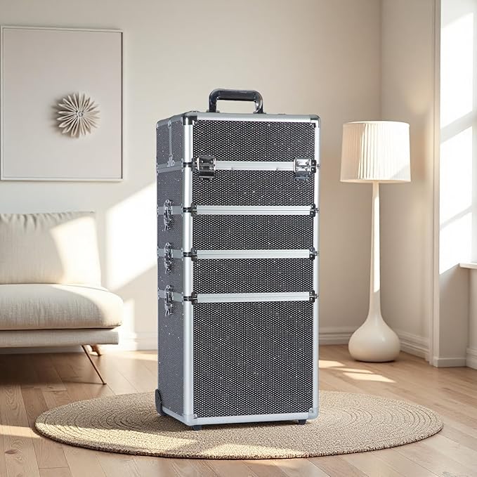 Makeup Rolling Train Case - Professional Cosmetics Organizer with Aluminum Frame, Folding Trays & Wheels, Portable for Travel & Studio (Black Diamond)