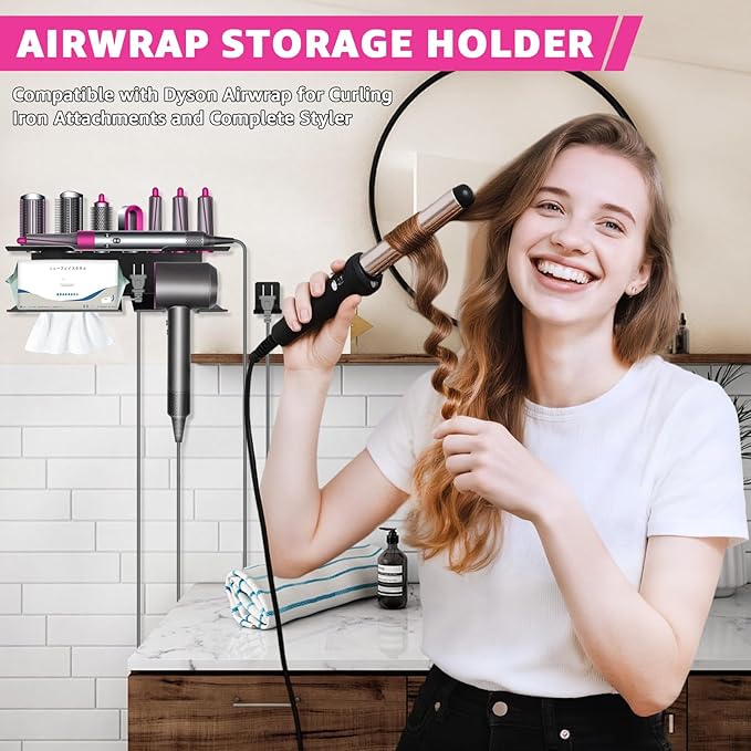 Storage Holder Compatible with Dyson Airwrap Styler Accessories, 7-Slot Hair Dryer Holder Wall Mount, No Drill Metal Organizer for Blow Dryer & Curling Iron (Black)