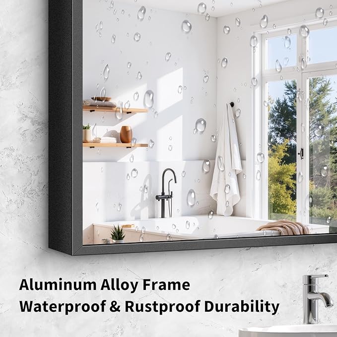Koonmi Black Framed Bathroom Mirror - Shatterproof 32"x28" Tempered Glass, HD No Distortion, Horizontal/Vertical Mount, Modern Matte Aluminum Alloy Frame