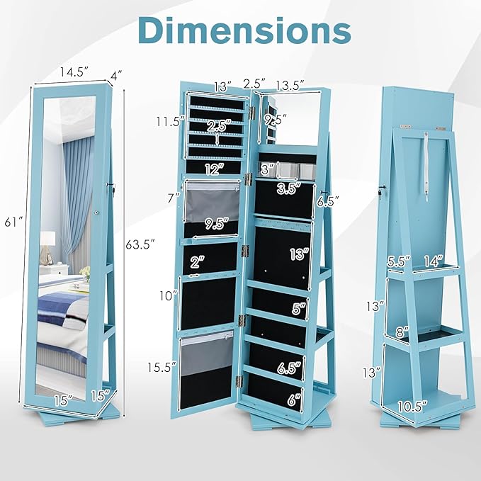 360° Swivel LED Mirror Jewelry Cabinet with Full Length Mirror, Lockable Floor Standing Mirrored Jewelry Armoire Organizer w/Inside Makeup Mirror & Back Storage Shelves, Space-Saving (Sky Blue)