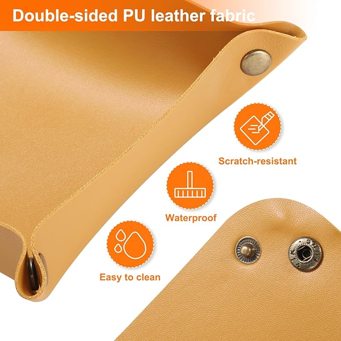 HARFINGTON 4pcs PU Leather Valet Tray Unisex Folding Small Catchall Tray Portable Entryway Table Tray Nightstand Bedside Desk Tray for Key Wallet Watch Coin Jewelry Dice, Yellow