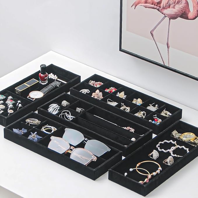 2Pcs Desk Drawer Storage Tray, Nightstand Organizer Tray, Necklace Bracelet Ring Earring Jewelry Display Tray, Grid Table Organizer Holder Tray for Sunglass, Phone, Watch, Perfume (12 grid)/Black