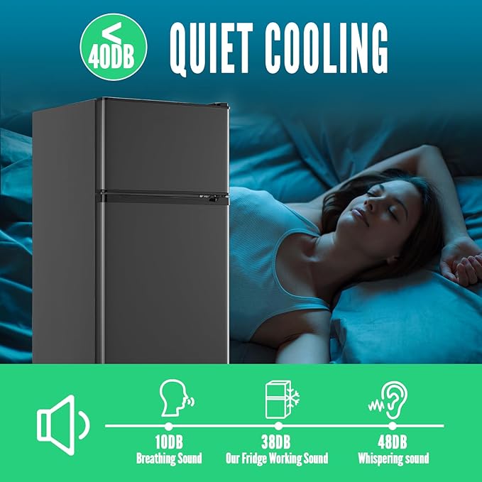 WANAI Mini Fridge with Freezer, 3.5 cubic feet 2- Doors Small Refrigerator Features 7 Gear Mechanical Control, Side Bottle Rack, LED Light, 2 Glass Removable Shelves, Crisper Drawer, Dark Grey