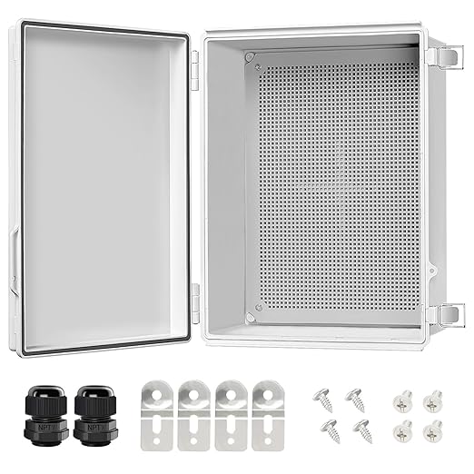 LeMotech Electrical Box, IP67 Waterproof Hinged Cover Stainless Steel Latch Junction Box, ABS Plastic Electrical Enclosure with Mounting Plate,Wall Brackets, Cable Glands,15.7"x11.8"x7.0",Grey