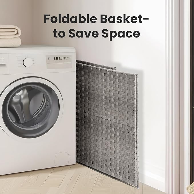 110L Laundry Hamper with Lid, Hand-Woven Pp Rattan Laundry Basket with Compartments & Handles, Removable Liner Bags,Foldable, Narrow Dirty Clothes Basket, Grey