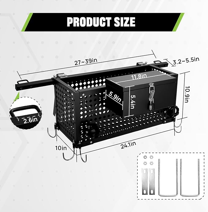 Heavy Duty Tractor Tool Box,Tractor Tool Tray with Lockbox and 27"-39"Adjustable Extension Rod,Tractor Basket Capacity 200 LBS with Universal Fitting Tractor Attachments,Used for Storage,Black