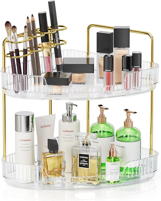 2-Tier Corner Bathroom Organizer Counter - Acrylic Makeup Skincare Organizer with Brush Holder, Perfume Tray for Countertop, Vanity, Dresser, Kitchen（Clear）