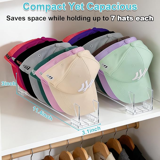 FAMOVELL® 4 Pack Acrylic Hat Organizer for Baseball Caps, Clear Hat Stand for Closet Dresser Bedroom and Shelf - Non-Slip Cap Holder Displays and Holds Up to 28 Tennis or Trucker Hats
