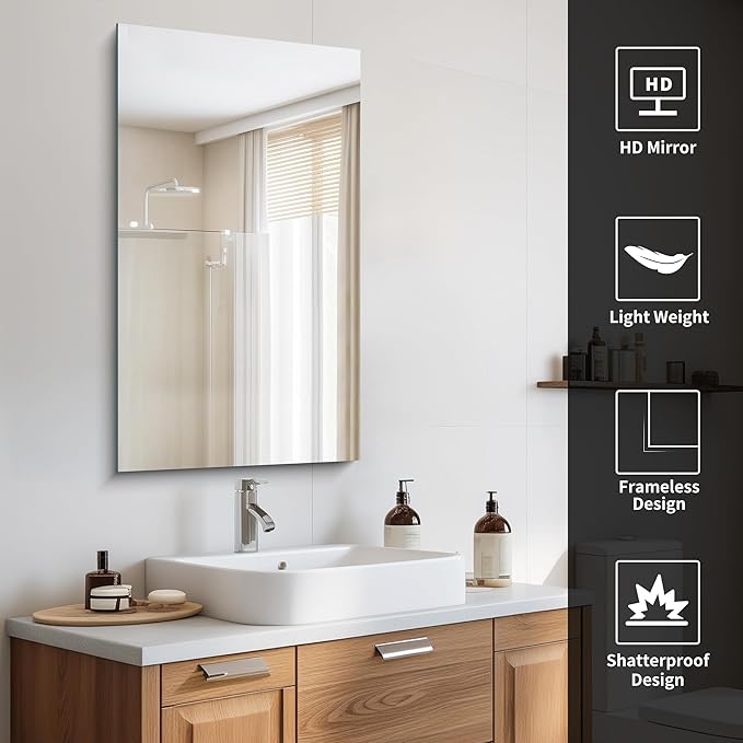 CILIBER Frameless Mirror, 20x36 Inch Bathroom Mirrors for Wall, Rectangle Bathroom Vanity Mirrors with Polished Edge, Hangs Horizontally or Vertically for Bathroom, Bedroom and Living Room