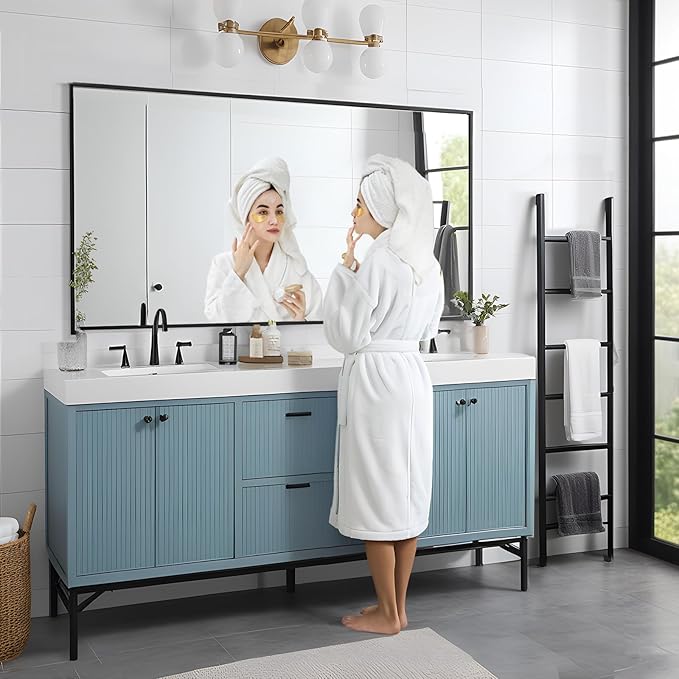 Rectangle Bathroom Mirror 26x48 inch, Large Mirror with Black Frame, Rectangular Vanity Mirror 26" X 48", Modern Matte Wall Mounting Mirrors, Hang Horizontal or Vertical
