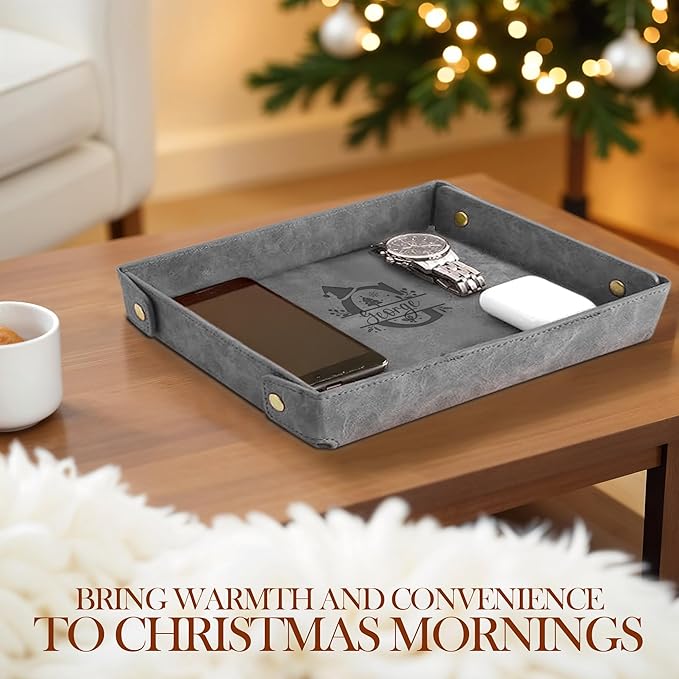 Engraved Christmas Gray Leather Valet Tray – Personalized Rectangle Catchall Organizer for Wallet, Keys, and Jewelry – Gift for Men, Dad, Couples – Dresser Top or Coffee Table Tray Decor