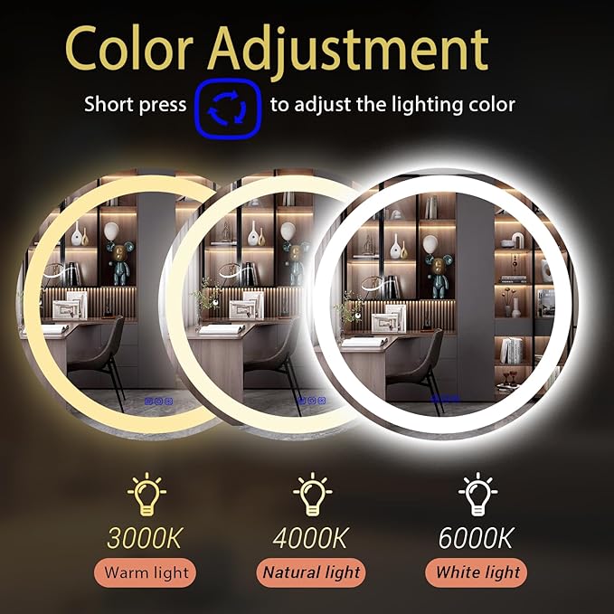 24" LED Round Bathroom Mirror – Front & Backlit Lighted Vanity Mirror, Wall-Mounted with Smart Memory Touch, Stepless Dimming, Anti-Fog, Shatterproof Design