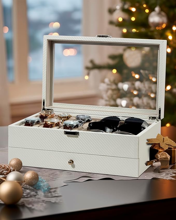 GUKA Watch box, 6 Slot Watch Case, 3 Slot Sunglass Organizer, Watch Cases for men with Real Glass Lid, Watch Organizer storage with Jewelry Case, Birthday for Men and Women,