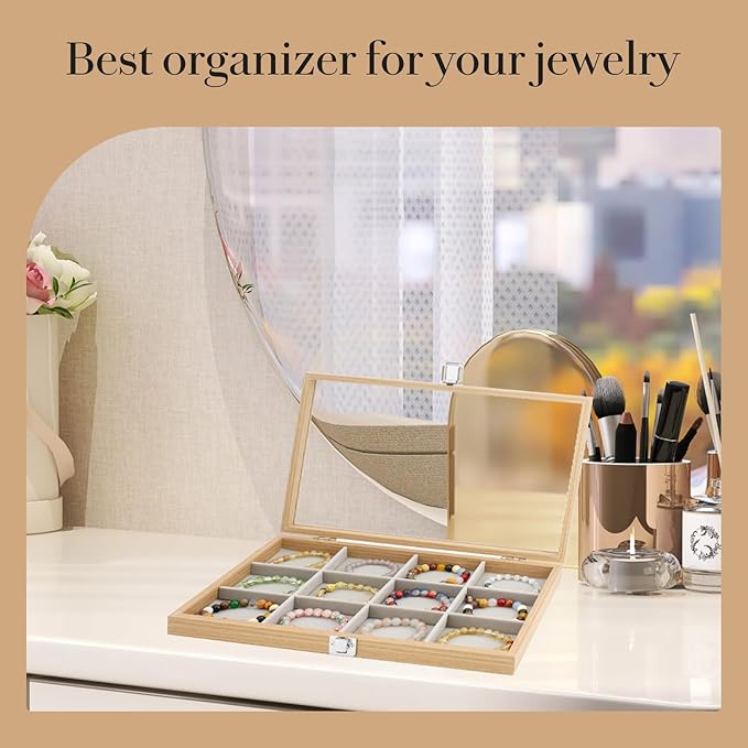 KOOAAICCHI Jewelry Organizer Tray 12 Grid Velvet Jewelry Storage Box with Clear Lid Jewelry Display Case with Lock Bracelet Earring Ring Organizer Showcase Gifts for Girls Women-12 Grid Wooden Beige