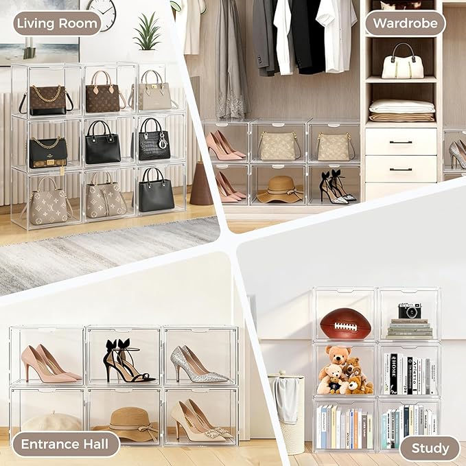 12Pack Purse Organizer for Closet Clear Acrylic Display Case Handbag Storage Organizer Box with Magnetic Door Stackable Storage Bins with Dustproof Lid for Book Toys Shoes Cosmetic Collectibles